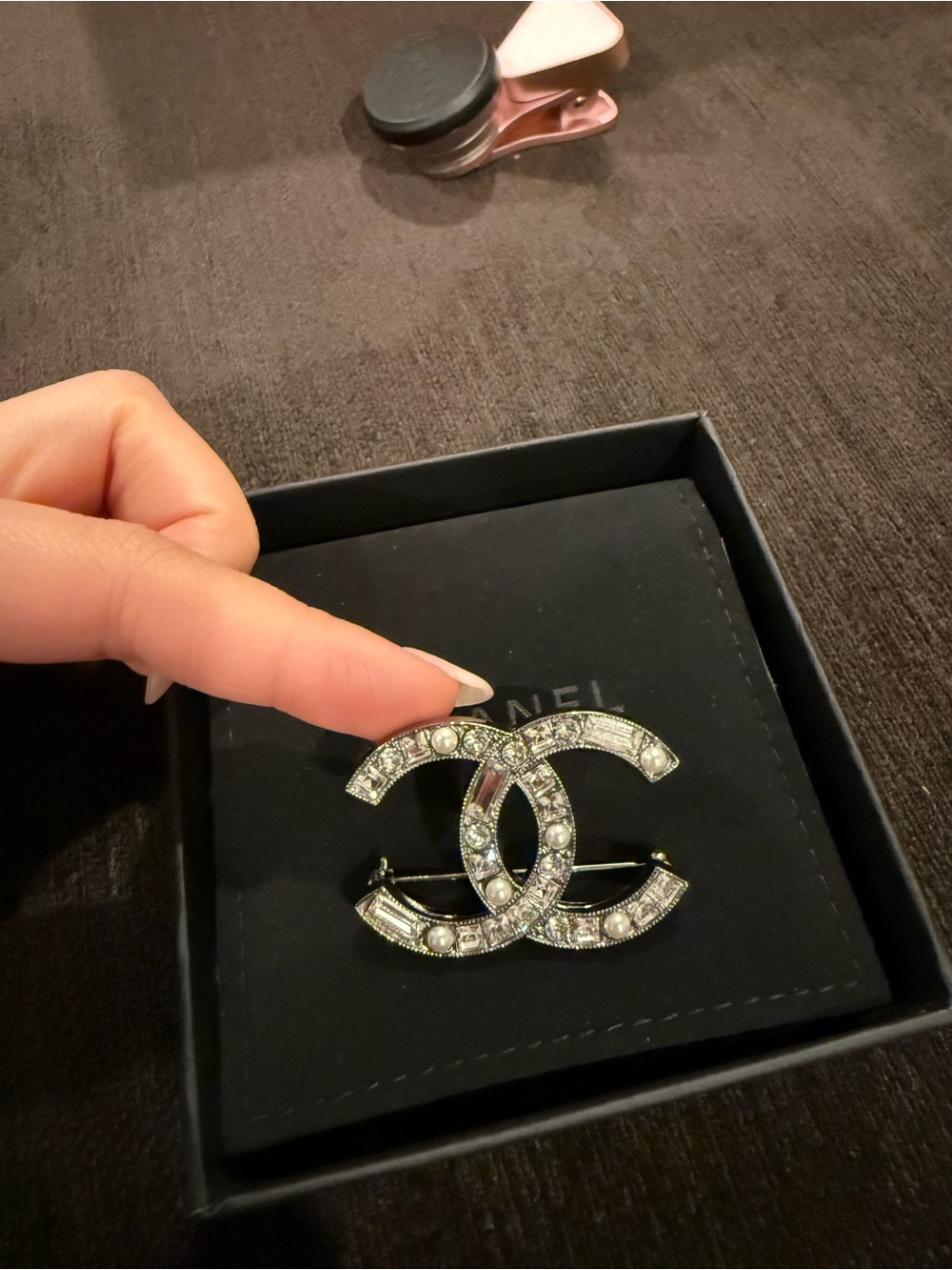 CHANEL Silver-Tone Crystal CC Brooch with Pearl Accents